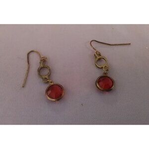 Vintage Gold Tone Dangle Earrings With Red Gemstone